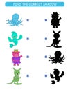 Find the correct shadow. Kids educational game. Cartoon animal: kangaroo, fish, octopus and cow. Royalty Free Stock Photo